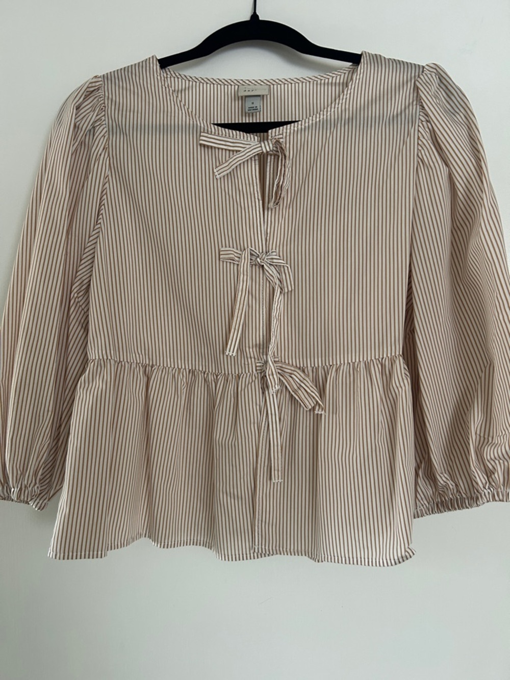 A New Day Striped Tie-Front Peplum Blouse - Cream and Brown